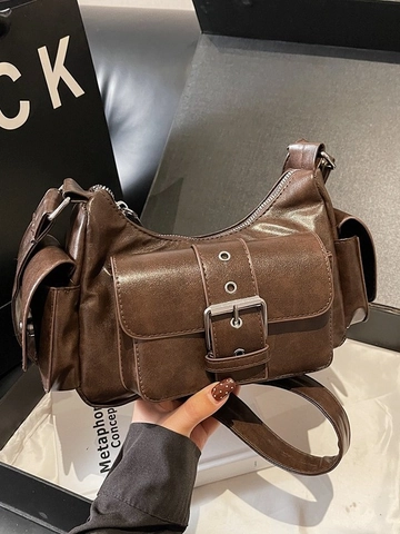 Bolso Bandolera de Cuero PU Retro para Mujer Gran Capacidad Moda Conmutador Biker Bolso de Hombro Multipocket Color Sólido