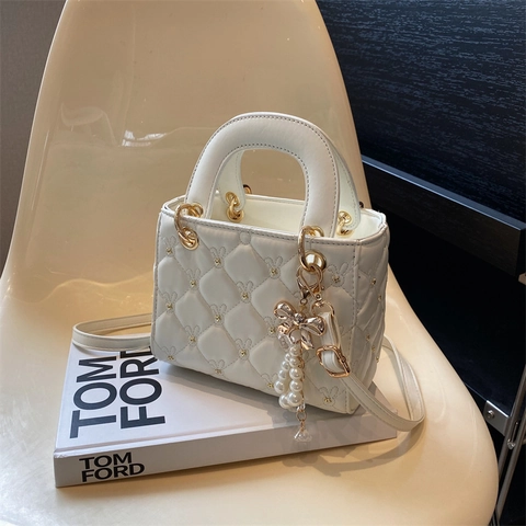 Women Rhombic Quilted Handbag Fashion Artificial Pearl Pendant Crossbody Square Bag Metal Rivet Top Handle Messenger Purse