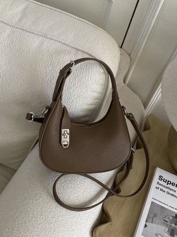 Bolso de Hombro Medialuna de Cuero PU para Mujer Textura de Lichi Bolso de Axila Hobo Con Correa Ajustable Herrajes Plateados Color Sólido
