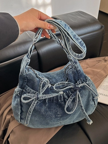 Retro Damen Gewaschener Denim Umhängetasche Lässig Beuteltasche Mit Schleife Plissee Kordelzug Schultertasche Leichte Mode Handtasche