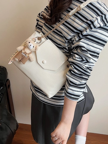 Women Fashion Ruched Texture Tote Bag Retro Underarm Shoulder Bag With Bear Charm Solid Color PU Leather Versatile Handbag