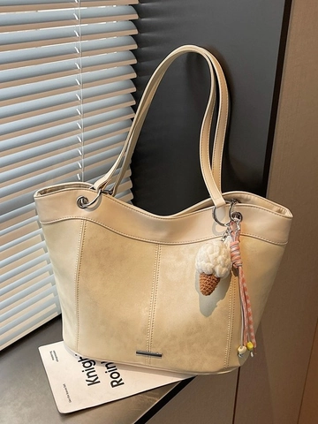 Bolso Tote de Cuero PU de Gran Capacidad para Mujer Bolso de Hombro Casual Retro con Costuras con Colgante de Helado