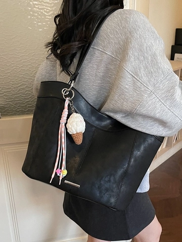 Bolso Tote de Cuero PU de Gran Capacidad para Mujer Bolso de Hombro Casual Retro con Costuras con Colgante de Helado