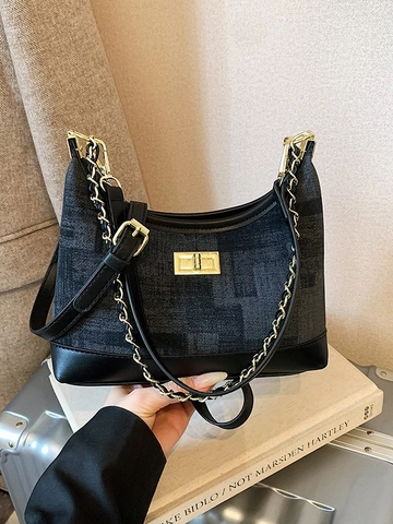 Bolso Hobo Retro para Mujer Cuero PU Tela Patchwork Cadena Dorada Bolso de Hombro Moda Bandolera de Axila para Uso Diario