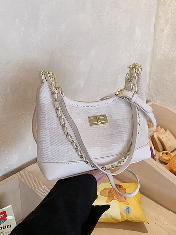 Bolso Hobo Retro para Mujer Cuero PU Tela Patchwork Cadena Dorada Bolso de Hombro Moda Bandolera de Axila para Uso Diario