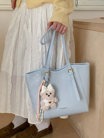 Large Capacity PU Leather Tote Bag For Women Retro Minimalist Commuting Shoulder Bag With Bear Pendant School Handbag