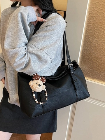 Mode Damen Tragetasche PU Leder Lychee Muster Große Kapazität Umhängetasche Pendler Tasche Mit Süßem Bären Anhänger