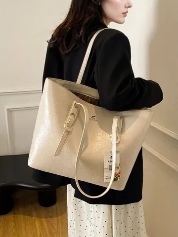 Bolso Tote de Cuero PU de Gran Capacidad para Mujer Textura Arrugada Color Sólido Bolso de Hombro para Uso Diario Retro Con Logo de Canguro