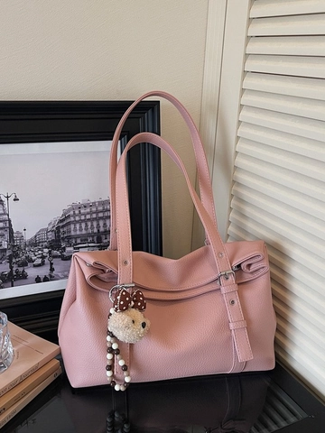 Mode Damen Tragetasche PU Leder Lychee Muster Große Kapazität Umhängetasche Pendler Tasche Mit Süßem Bären Anhänger