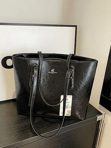 Bolso Tote de Cuero PU de Gran Capacidad para Mujer Textura Arrugada Color Sólido Bolso de Hombro para Uso Diario Retro Con Logo de Canguro