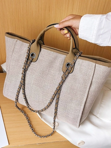 Large Capacity Canvas Tote Bag For Women Fashion Woven Texture Chain Shoulder Bag Casual Top Handle Shopping Bag Elegant Travel Handbag