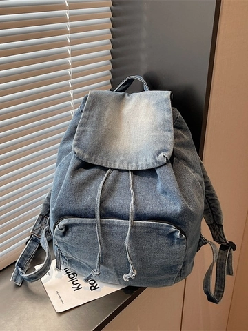 Vintage Fashion Washed Denim Backpack For Women Large Capacity Drawstring Flap College School Bag Casual Travel Rucksack