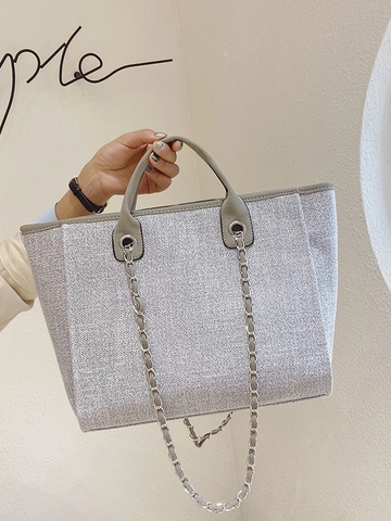 Large Capacity Canvas Tote Bag For Women Fashion Woven Texture Chain Shoulder Bag Casual Top Handle Shopping Bag Elegant Travel Handbag