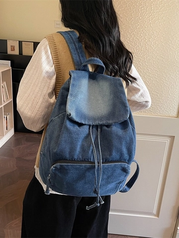 Vintage Fashion Washed Denim Backpack For Women Large Capacity Drawstring Flap College School Bag Casual Travel Rucksack