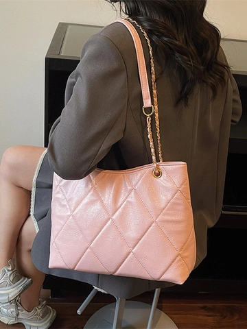 Minimalist Quilted Rhombic Tote Bag For Women Shiny PU Leather Large Capacity Chain Strap Shoulder Crossbody Commute Bag