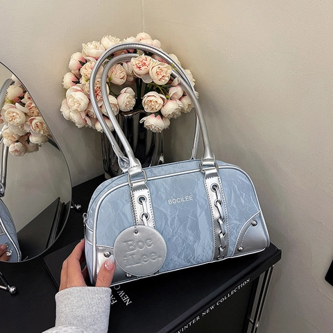 Women Vintage PU Leather Marble Texture Boston Bag Fashion Underarm Shoulder Bag Silver Metal Handle Retro Y2K Handbag