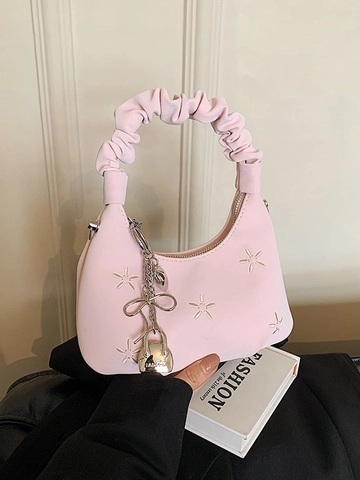 Vintage Dames PU Leer Hobo Tas Met Geplooide Handgreep Geborduurde Bloem Schoudertas Casual Tote Tas Met Metalen Hanger