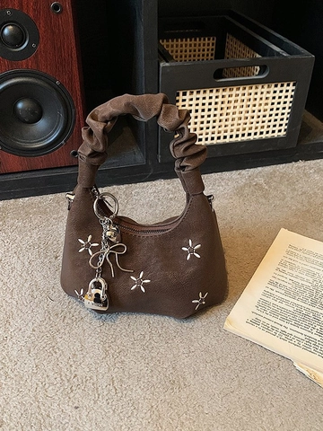 Bolso Hobo de Cuero PU Vintage para Mujer Con Asa Fruncida Bolso de Hombro Con Bordado de Flores Bolso Casual Con Colgante