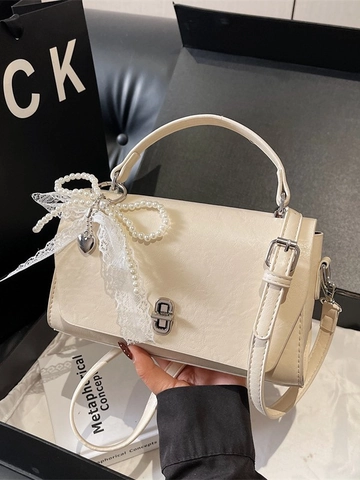 Bolso de Mano Cuadrado Pequeño de Cuero Sintético para Mujer Con Lazo de Encaje Colgante de Perlas Artificiales Bolso de Hombro Retro