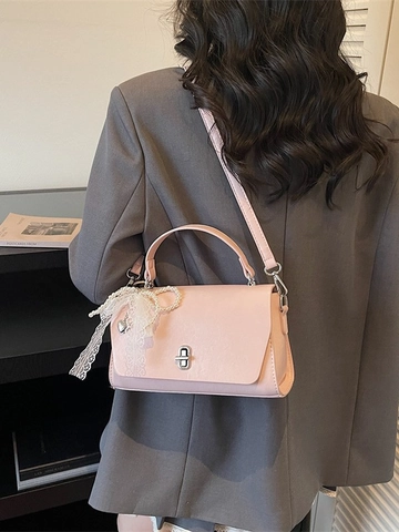 Bolso de Mano Cuadrado Pequeño de Cuero Sintético para Mujer Con Lazo de Encaje Colgante de Perlas Artificiales Bolso de Hombro Retro