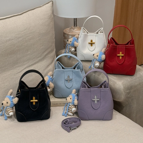 Borsa a Secchiello Minimalista in Pelle PU da Donna Borsa Retrò con Trama Litchi Chiusura in Metallo Astuccio e Tracolla Rimovibile