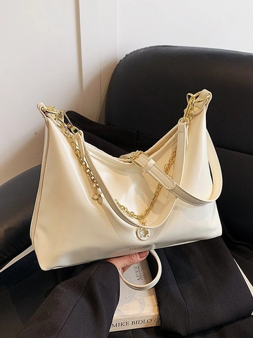 Damen Glänzende PU Leder Hobo Umhängetasche Mit Goldkette Blumenanhänger Retro Große Kapazität Schultertasche Alltag Pendeln Handtasche