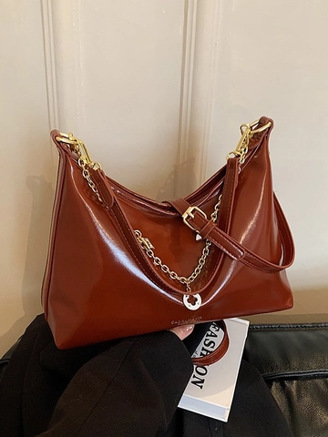 Damen Glänzende PU Leder Hobo Umhängetasche Mit Goldkette Blumenanhänger Retro Große Kapazität Schultertasche Alltag Pendeln Handtasche
