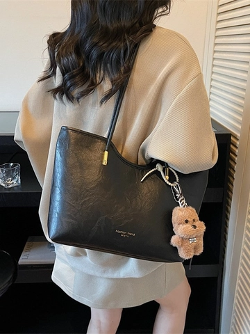 Borsa Tote da Donna in Pelle PU Vintage Grande Capacità Borsa a Tracolla Casual Con Ciondolo a Orsetto per Ufficio