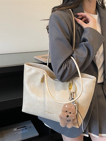 Borsa Tote da Donna in Pelle PU Vintage Grande Capacità Borsa a Tracolla Casual Con Ciondolo a Orsetto per Ufficio