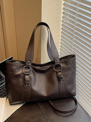 Bolso de Mano de Cuero PU de Gran Capacidad para Mujer Bolso de Hombro Minimalista Vintage Coreano para Viajes con Costuras