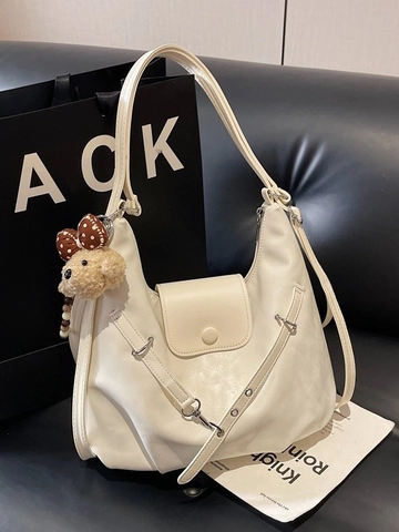 Korean Style Women Large Capacity Tote Bag Retro PU Leather Shoulder Bag Crossbody Bag With Plush Bear Pendant Casual Work Bag