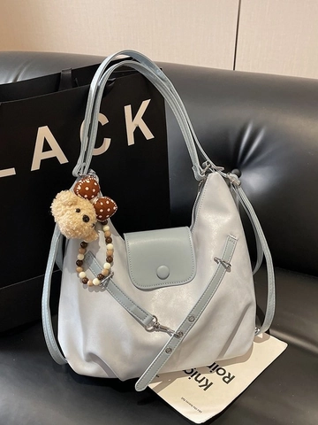Korean Style Women Large Capacity Tote Bag Retro PU Leather Shoulder Bag Crossbody Bag With Plush Bear Pendant Casual Work Bag