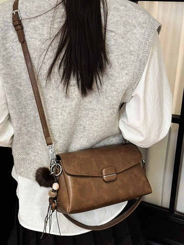 Women Vintage PU Leather Crossbody Bag Fashion Square Shoulder Bag With Pom Pom Charm Urban Commute Messenger Bag
