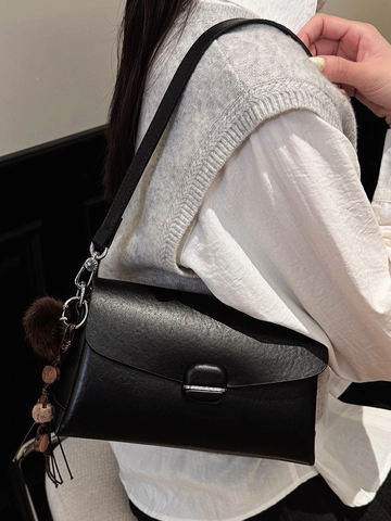 Women Vintage PU Leather Crossbody Bag Fashion Square Shoulder Bag With Pom Pom Charm Urban Commute Messenger Bag