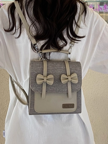 Retro Akademie Denim Spleißen Mini Rucksack Für Damen Mit Schleife Dekor PU Leder Kontrastfarbe Kleine Schultertasche