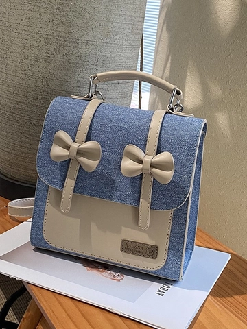 Retro Akademie Denim Spleißen Mini Rucksack Für Damen Mit Schleife Dekor PU Leder Kontrastfarbe Kleine Schultertasche