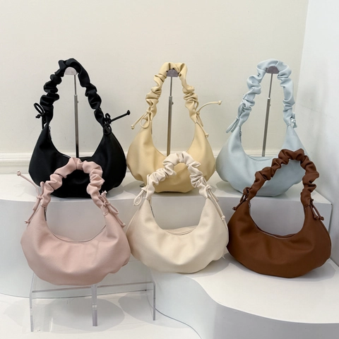 Vintage Ruched PU Leather Hobo Bag For Women Casual Solid Color Dumpling Tote Shoulder Bag With Scrunchie Handle Crossbody Bag