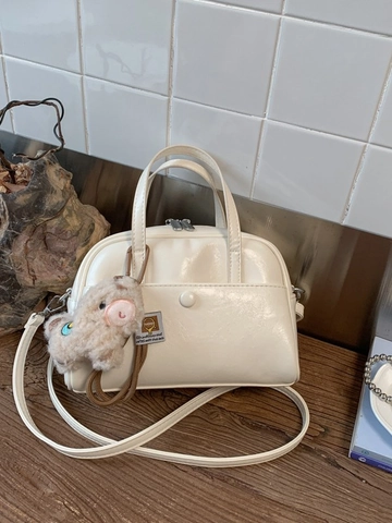 Women Urban Minimalist PU Leather Boston Bag Fashion Solid Color Handbag With Cute Plush Pendant Crossbody Shoulder Bag