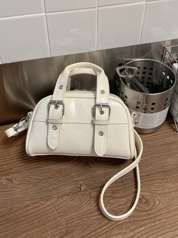 Retro PU Leather Boston Handbag For Women Simple Shoulder Bag With Detachable Strap Solid Color Commuting Crossbody Bag