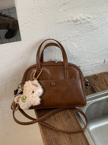 Women Urban Minimalist PU Leather Boston Bag Fashion Solid Color Handbag With Cute Plush Pendant Crossbody Shoulder Bag