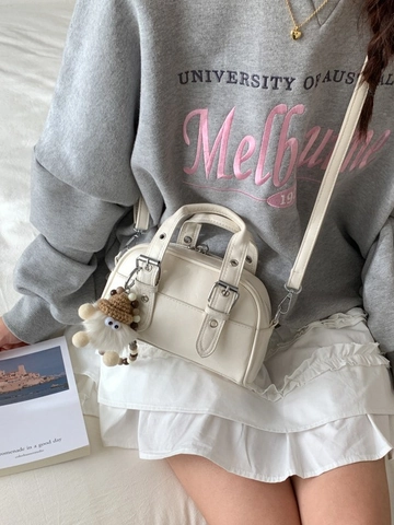 Retro PU Leather Boston Handbag For Women Simple Shoulder Bag With Detachable Strap Solid Color Commuting Crossbody Bag