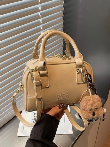 Vintage Glänzende PU-Leder Boston Tasche Für Damen Schultertasche Mit Plüsch-Anhänger Verstellbarem Riemen Alltags-Satchel