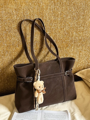 Sac Cabas Vintage en Cuir PU pour Femmes Sac à Épaule de Grande Capacité Avec Pendentif Ours en Peluche Sac à Main Quotidien