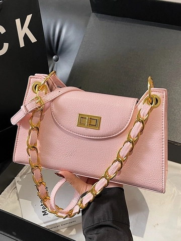 Vintage Trendy Women PU Underarm Bag Gold Chain Strap Square Rotary Lock Elegant Commuter Shoulder Crossbody Bag
