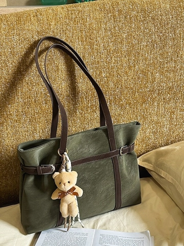 Sac Cabas Vintage en Cuir PU pour Femmes Sac à Épaule de Grande Capacité Avec Pendentif Ours en Peluche Sac à Main Quotidien