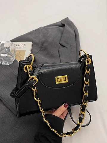 Vintage Trendy Women PU Underarm Bag Gold Chain Strap Square Rotary Lock Elegant Commuter Shoulder Crossbody Bag
