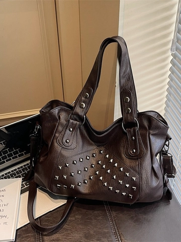 Bolso Tote de Cuero PU Vintage para Mujer Gran Capacidad Bolso de Hombro Minimalista Urbano Remaches Cuadrados Mensajero