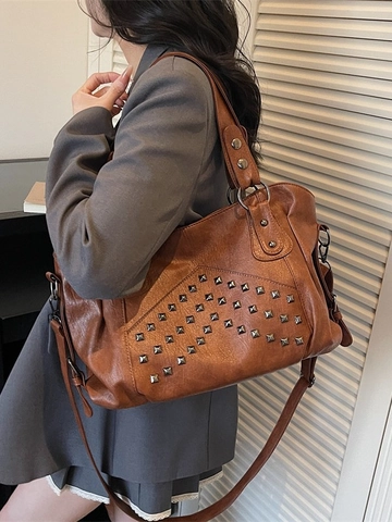 Bolso Tote de Cuero PU Vintage para Mujer Gran Capacidad Bolso de Hombro Minimalista Urbano Remaches Cuadrados Mensajero