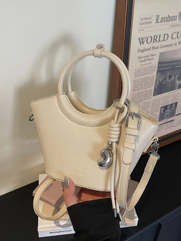 Bolso Cubo de Cuero PU de Moda para Mujer Bolso de Mano Minimalista con Asa de Anillo Bolso de Hombro Casual con Colgante Color Sólido Tote Diario