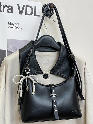 Minimalist PU Leather Hobo Shoulder Bag For Women Rivet Stitching Dumpling Crossbody Bag With Pearl Bow Heart Pendant